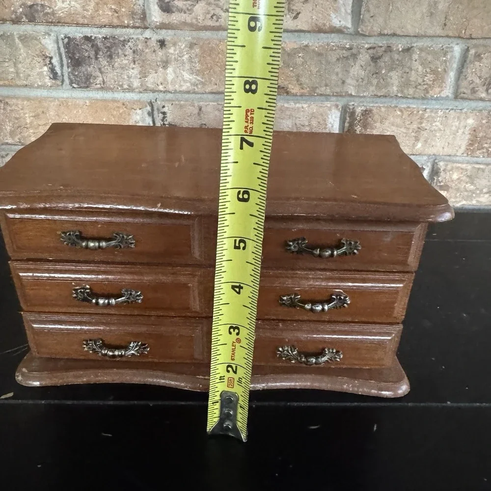 Vintage Wooden Lined Jewelry Box / Chest ‎ Drawers Cottagecore Mid Century Style